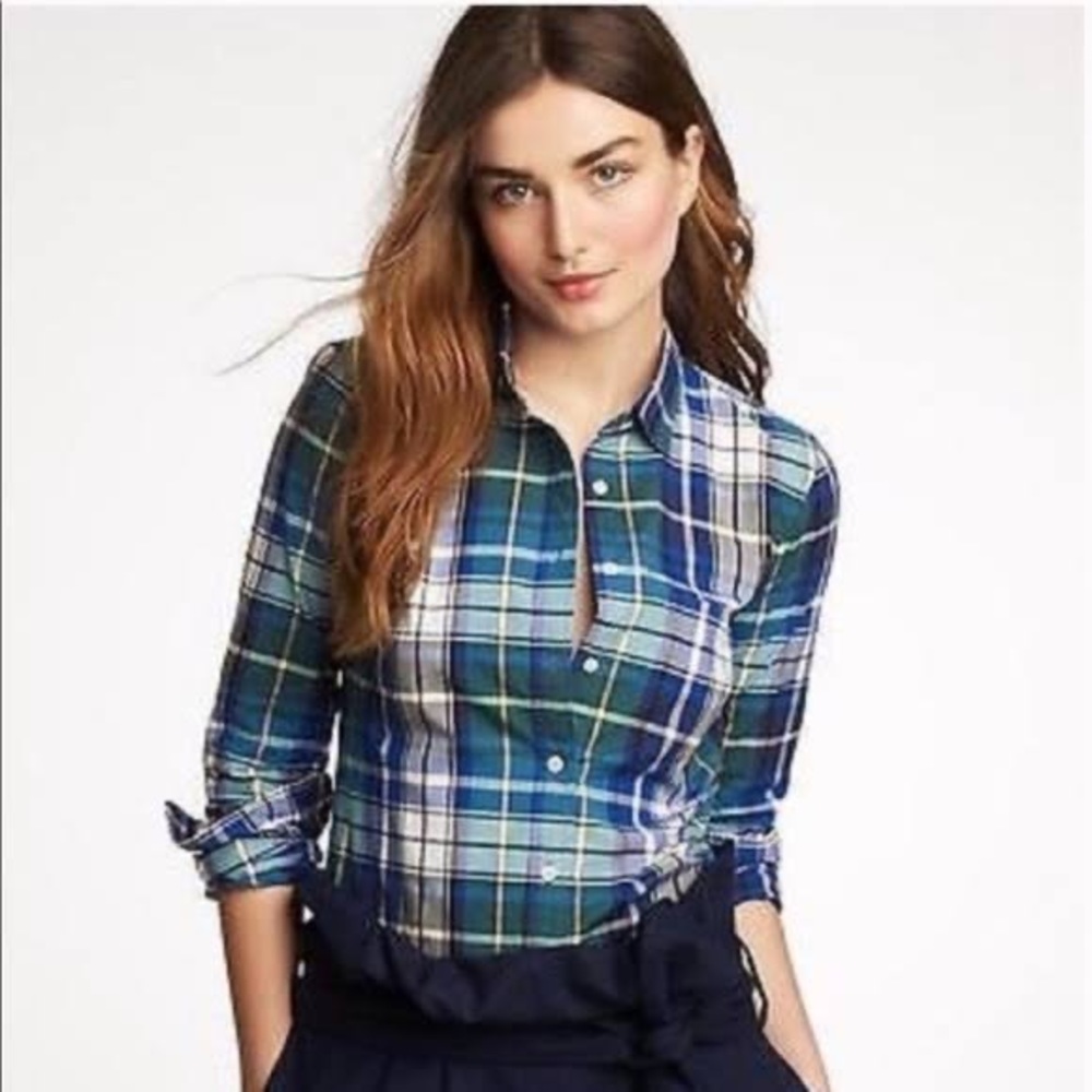 J.Crew The Perfect Plaid Blue, Green , and White Boyfriend Shirt